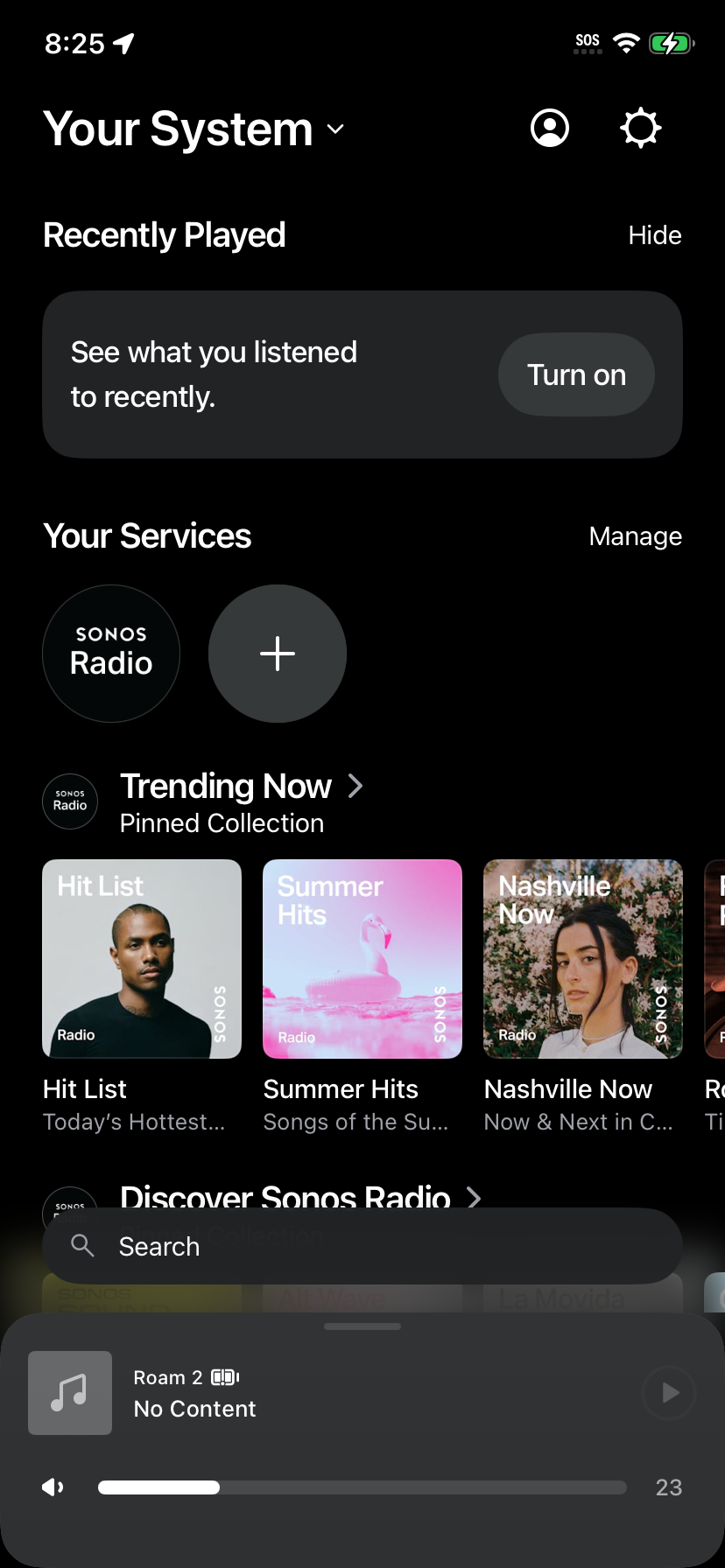 Sonos app Your System screen with the Your Services section