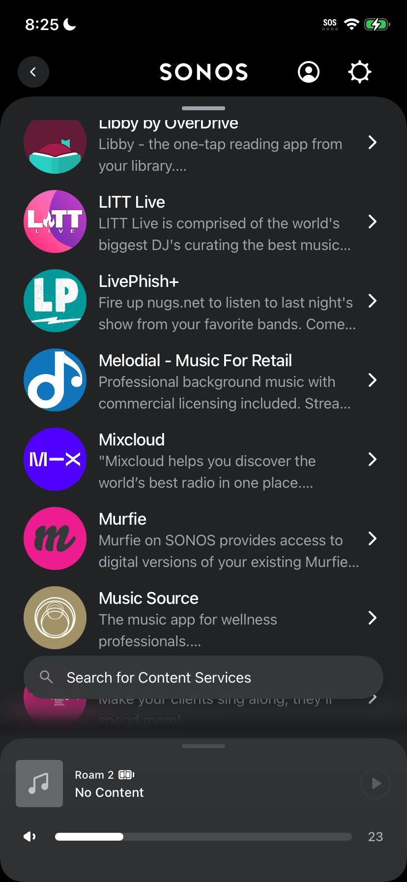 Sonos app list of available music services with Melodial highlighted