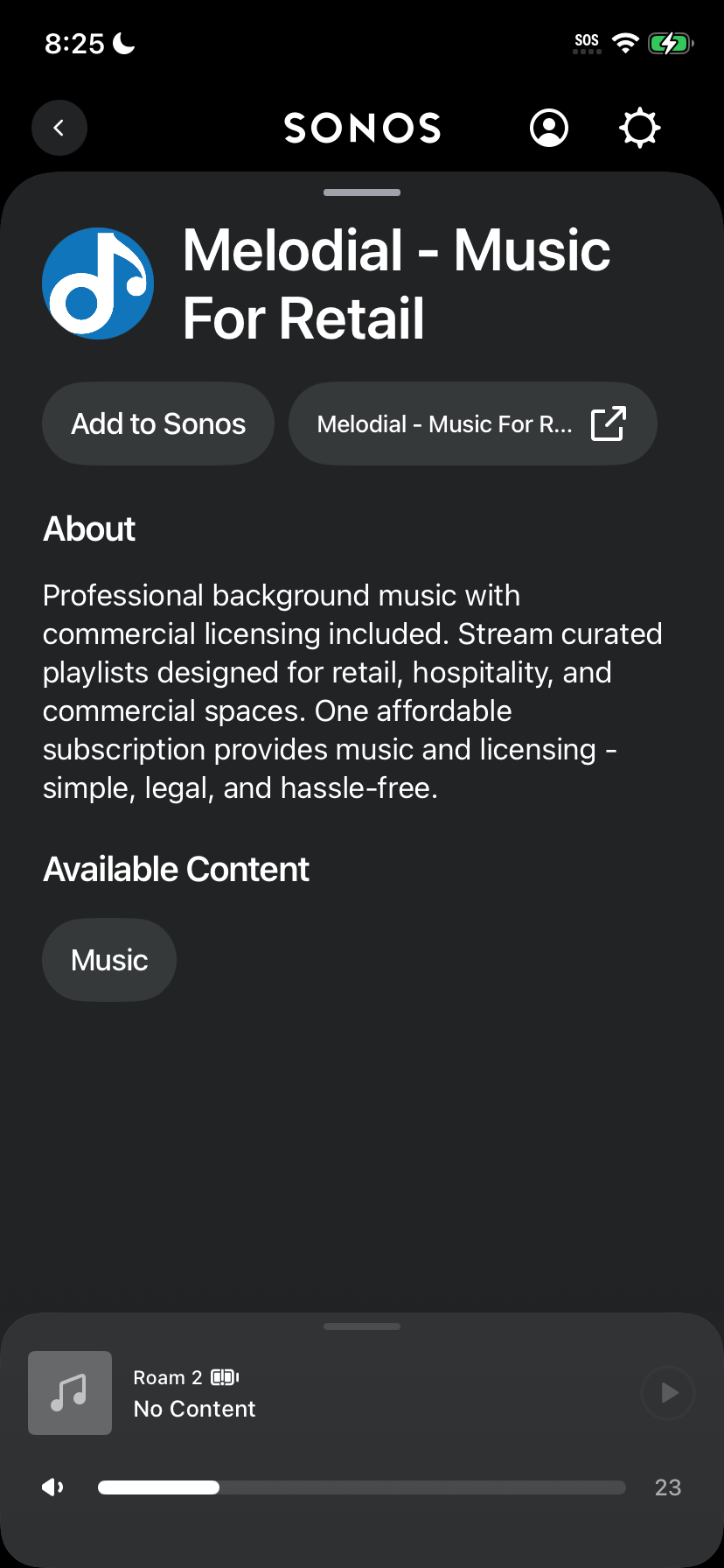 Sonos app showing the Melodial service details screen with the Add to Sonos button