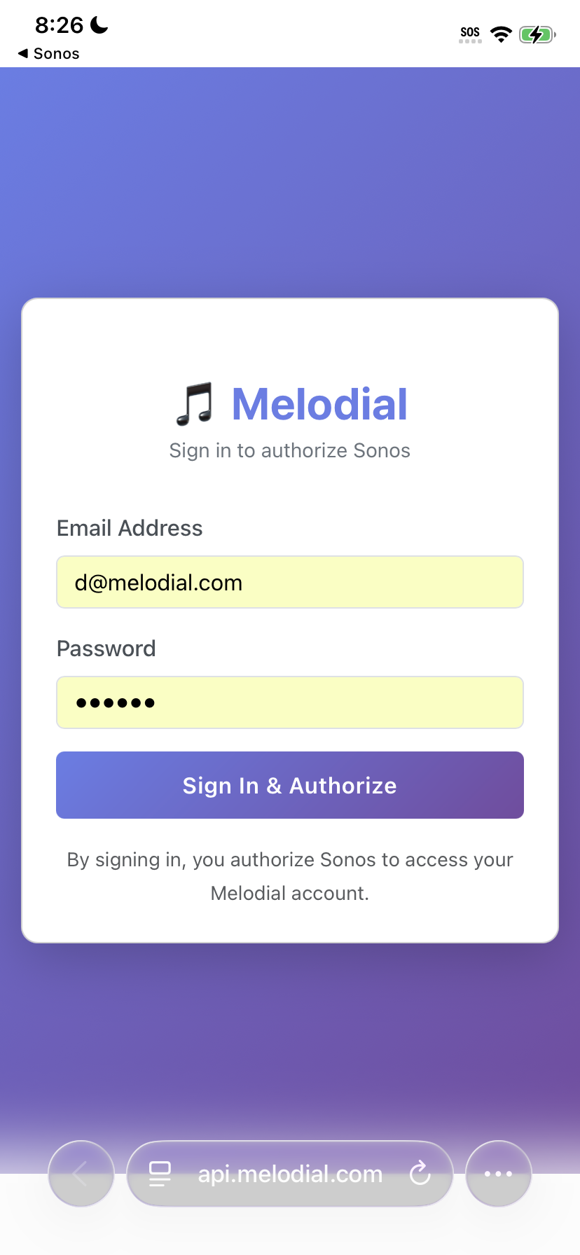 Sonos app login form for a Melodial account