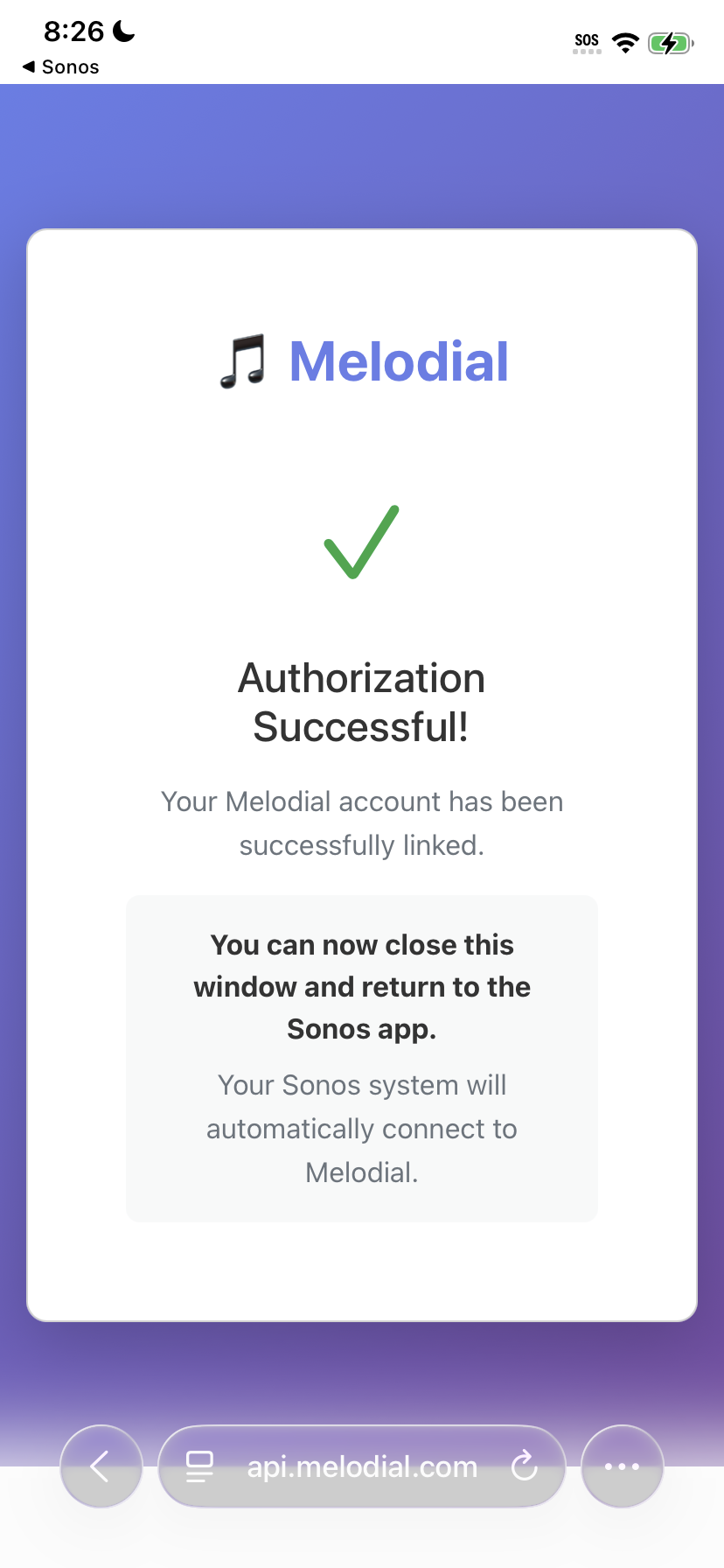 Sonos app showing the Authorization Successful confirmation screen