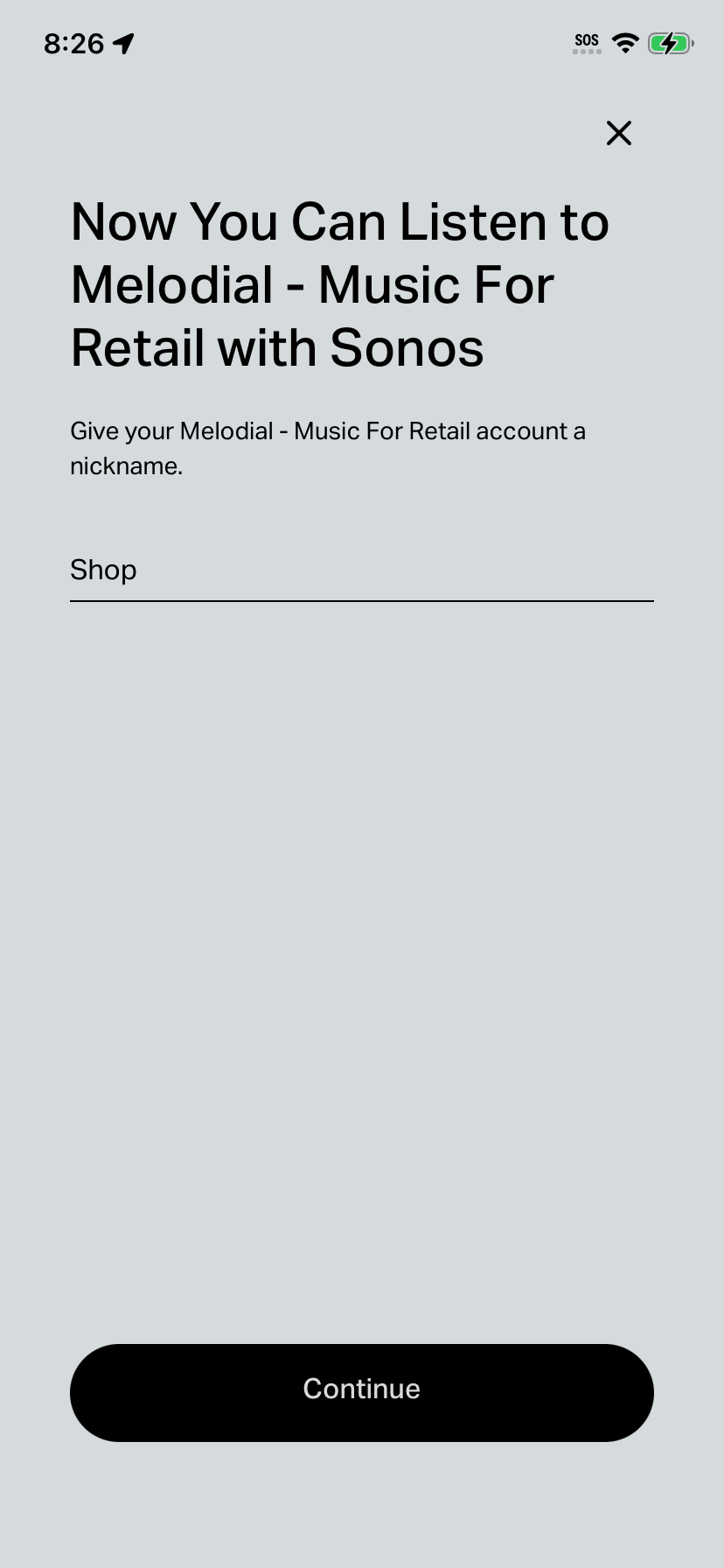 Sonos app screen for naming the connected Melodial account