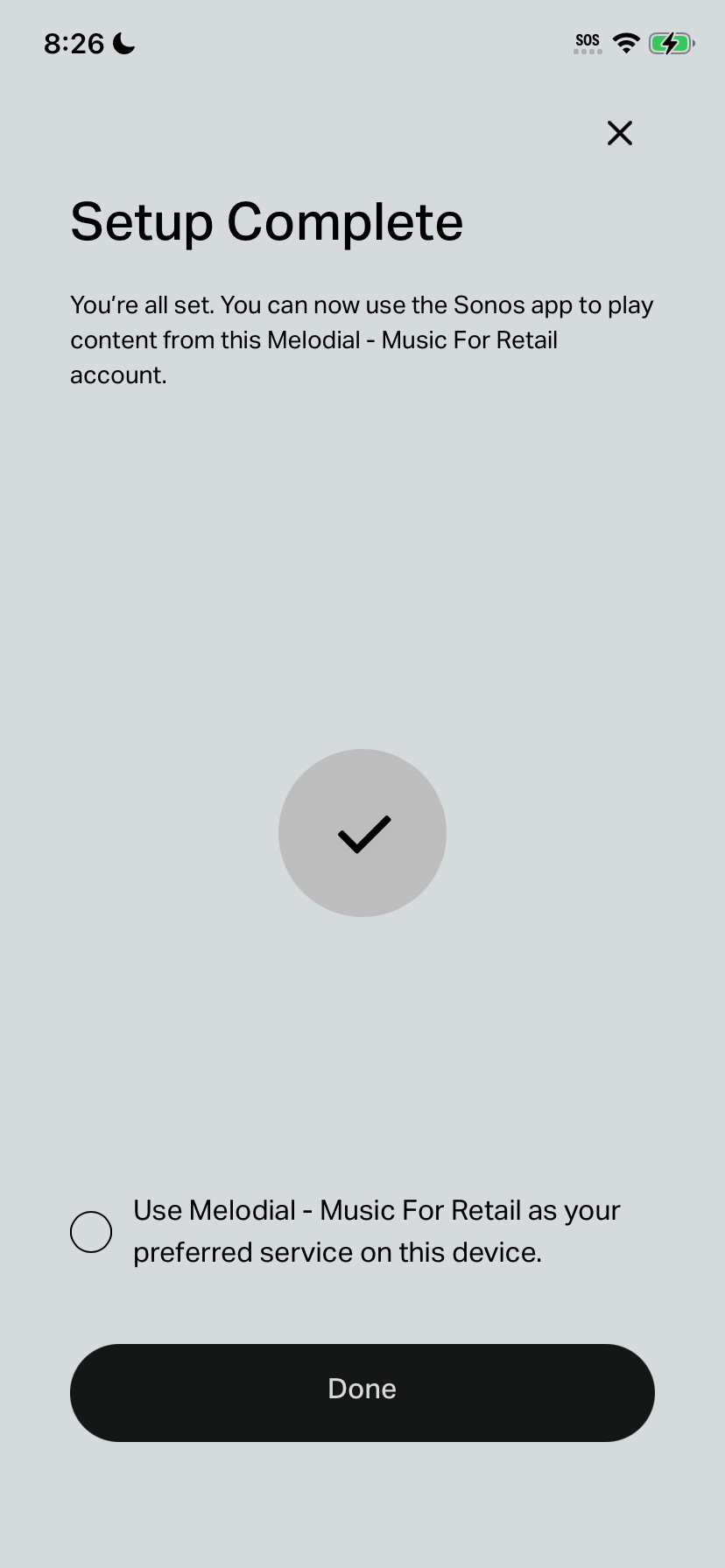 Sonos app setup completion screen with a Done button