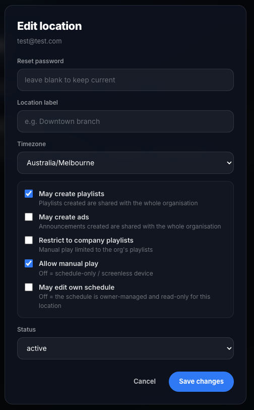 Edit location dialog showing the permission switches for a Plus location