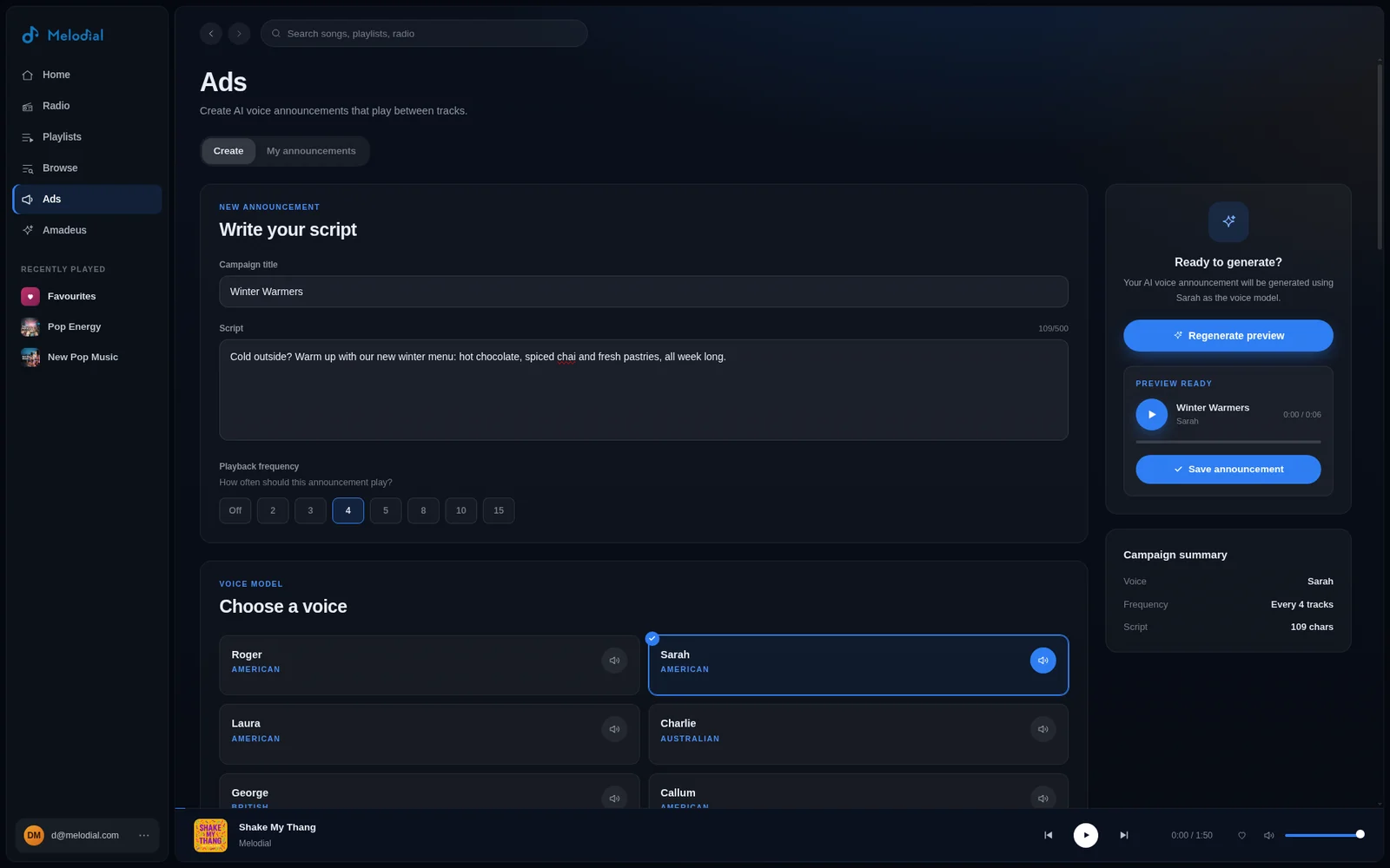 Crear anuncios de audio con locución por IA en el estudio de anuncios de Melodial