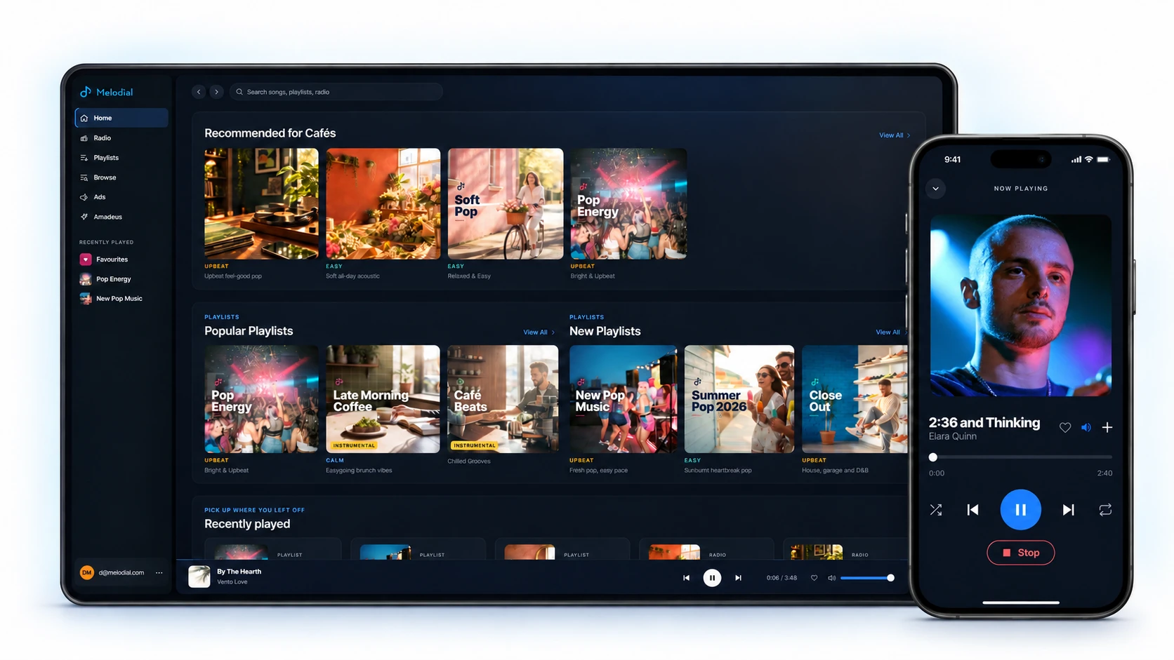El reproductor de Melodial en una tableta y un móvil: playlists recomendadas para cafeterías, playlists populares y nuevas, y la canción que está sonando