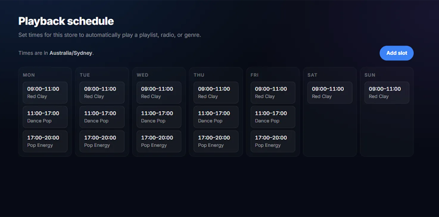 Add a scheduled slot by source, day and time in the Melodial scheduler