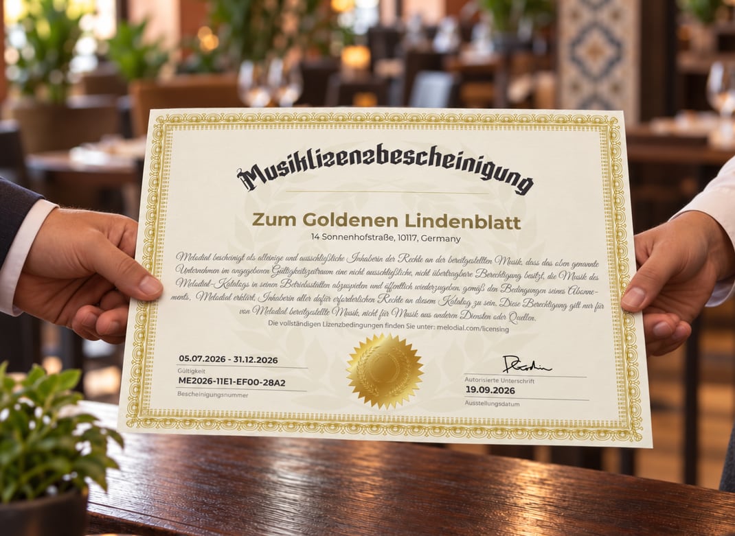 Eine Melodial-Musiklizenz-Bescheinigung wird überreicht