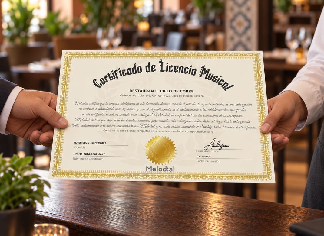 Un Certificado de Licencia Musical de Melodial siendo entregado