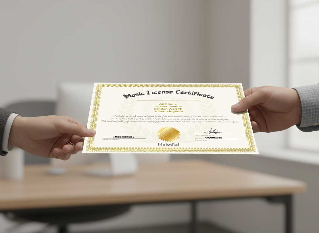 A Melodial Music License Certificate being handed over